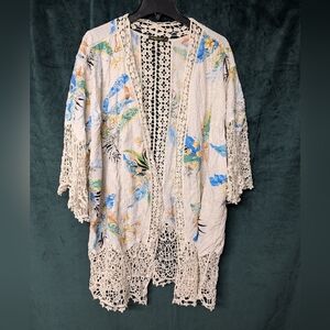 Boho Floral Crochet Open-Front Kimono